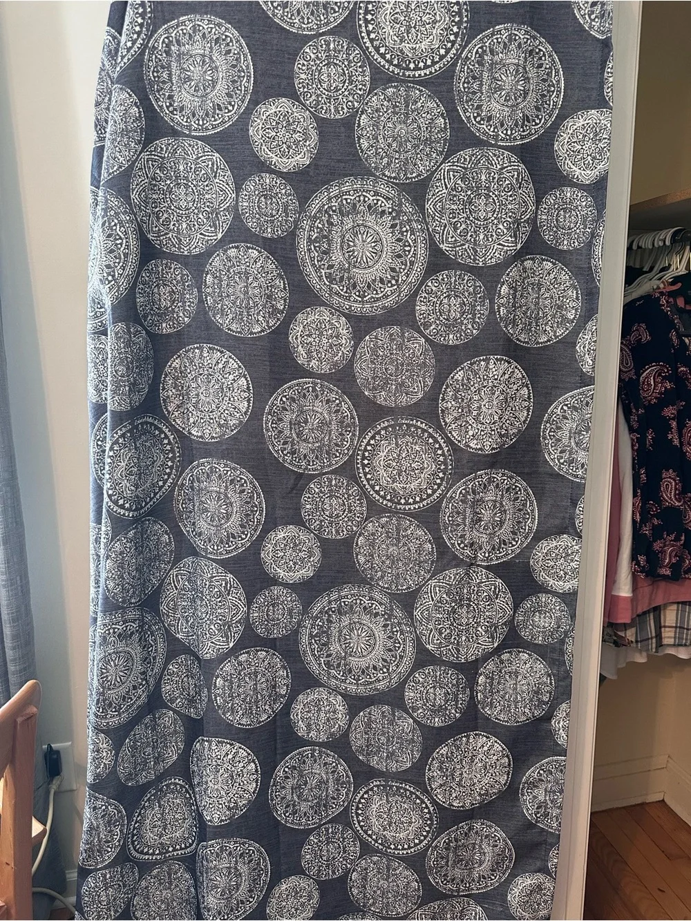 Blue and White Circular Pattern lined, blackout curtains
